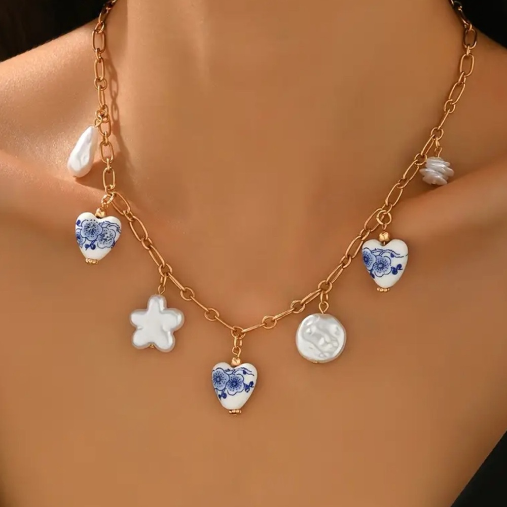 NEW Gold Charm Necklace with Porcelain & Pearl Pendants Luxury